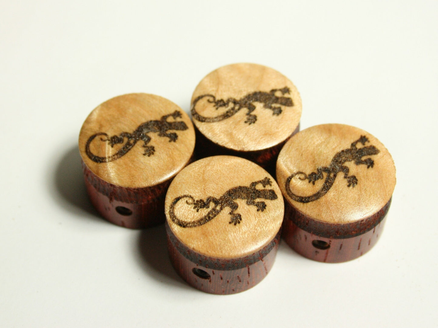 Set of 4 Laser Etched Padauk Guitar Knobs with Figured Maple Cap (7/8 dia x 5/8 height)
