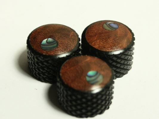 Set of 3 Knurled Ebony Guitar Knobs Figured Rosewood and Abalone Dot Inlay (13/16 dia x 5/8 height)