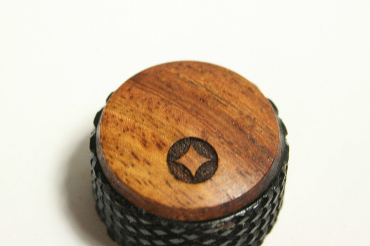 Guitar Knob: Knurled Ebony with Rosewood Cap and Laser Etched Dot (1 inch dia x 11/16 height)