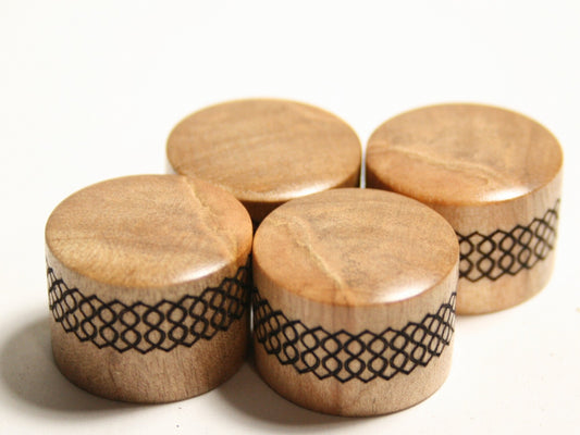 Set of Four Spalted Maple Guitar Knobs with Laser Etched Sides (7/8 dia x 5/8 height)