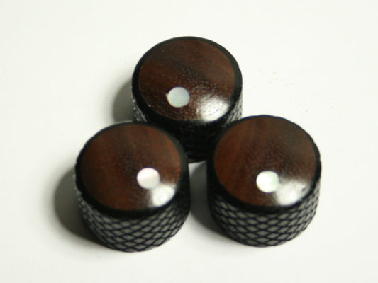 Set of 3 Knurled Ebony Guitar Knobs with Rosewood Inlay and Abalone Dot (13/16 dia x 5/8 height)