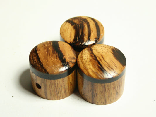 Set of 3 Spalted Maple Guitar Knobs with Ebony and Zebrawood Cap (13/16 dia x 5/8 height)