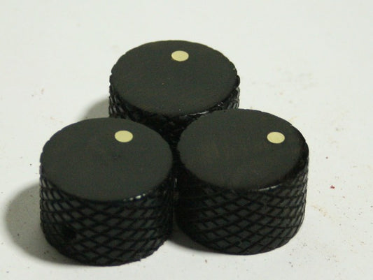 Set of 3 Knurled Ebony Guitar Knobs with Copper Dot Indicator (7/8 dia x 5/8 height)